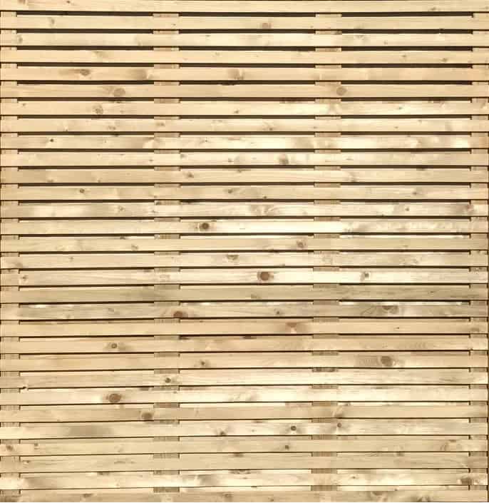 Houten scherm Horizontaal Fijne Latten Recht 186 x 180cm (inox blind geschroefd)