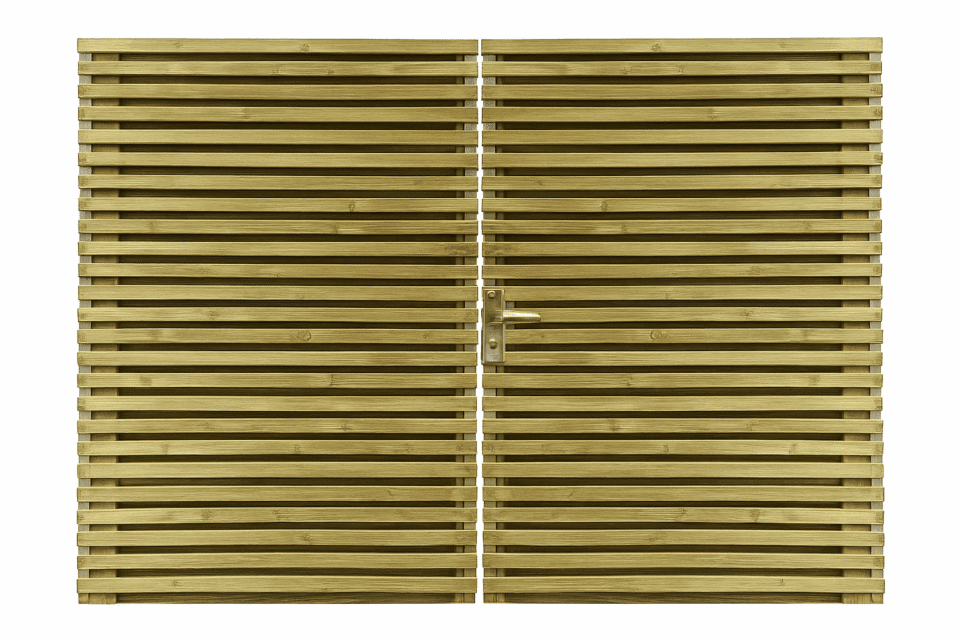 Dubbele houten draaipoort afm. 300 x 180cm, type FIJNE LATTEN